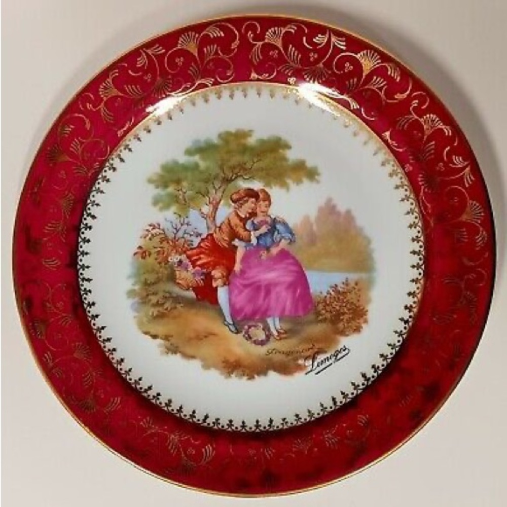 Vintage Meissner Limoges Porcelain Fragonard Plate Burgundy and Gold Trim